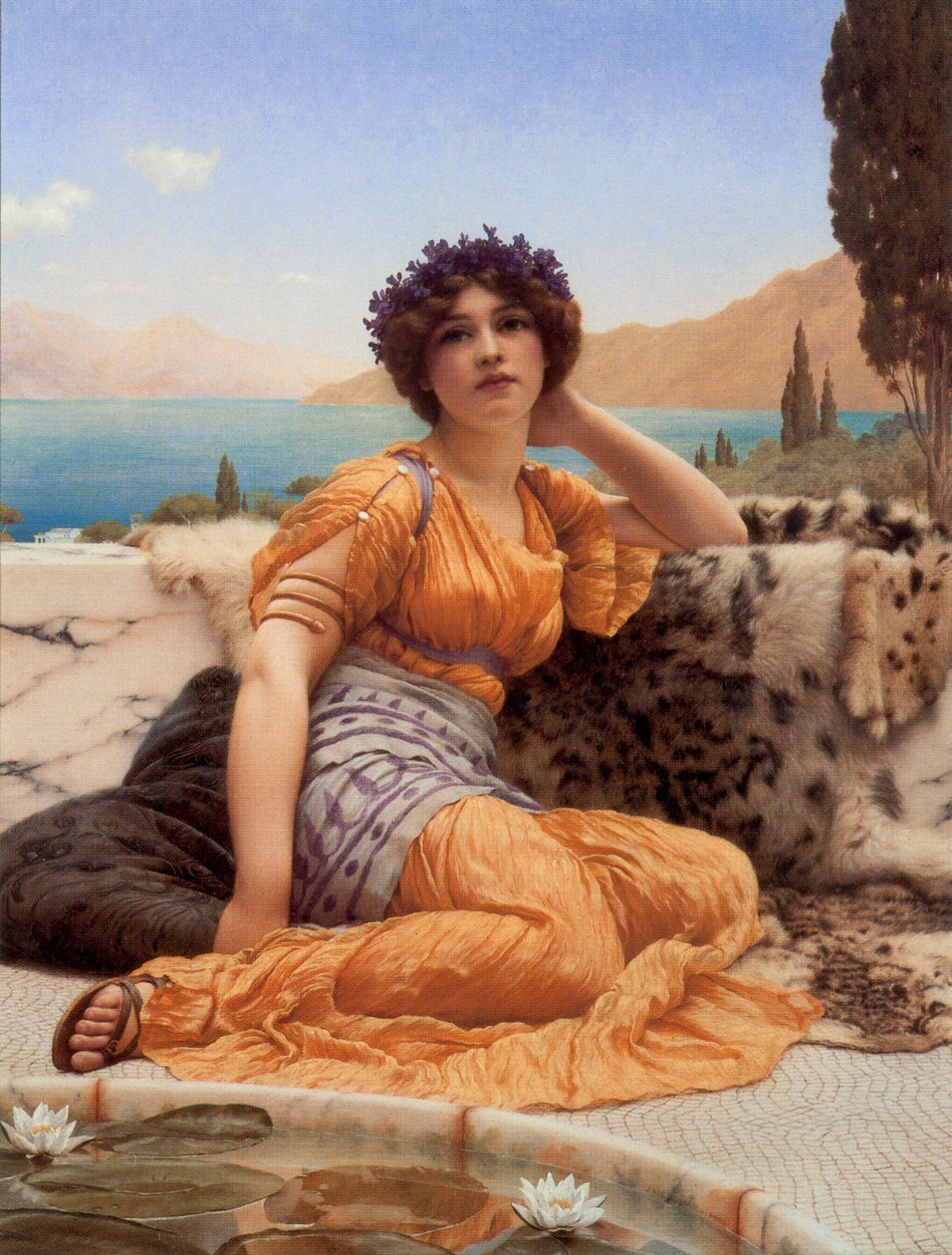 Avec des violettes couronnées et une robe de couleur safran - John William Godward