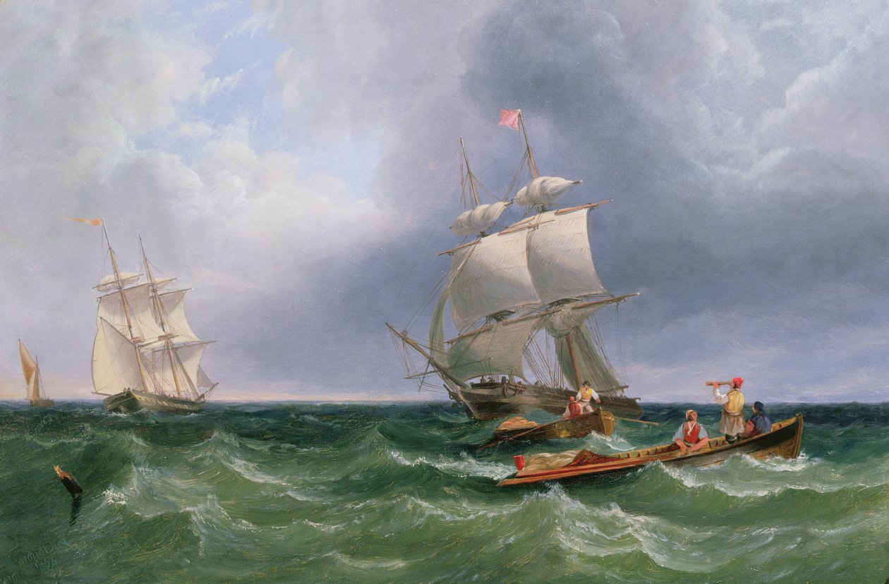 Débarquement des Partis de Rivage, Brigs dans une Houle au Loin - John Wilson Carmichael
