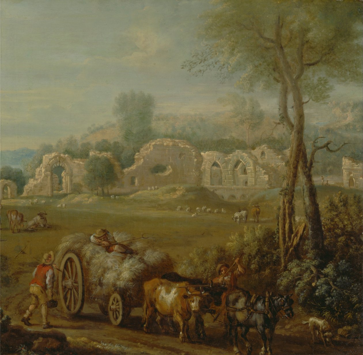 Charrette de foin passant devant une abbaye en ruine - John Wootton