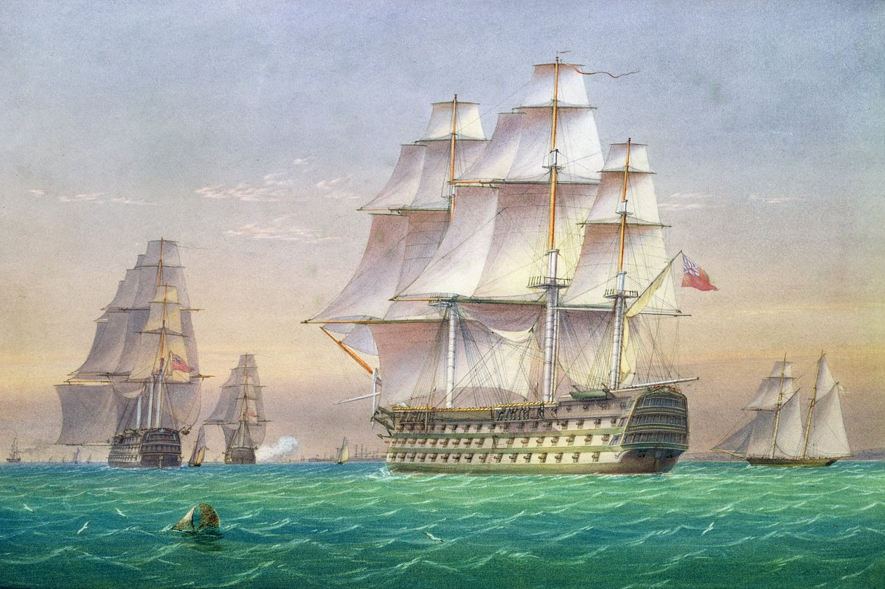 Trois navires de ligne de premier rang entrant dans le port de Portsmouth - John and William Joy