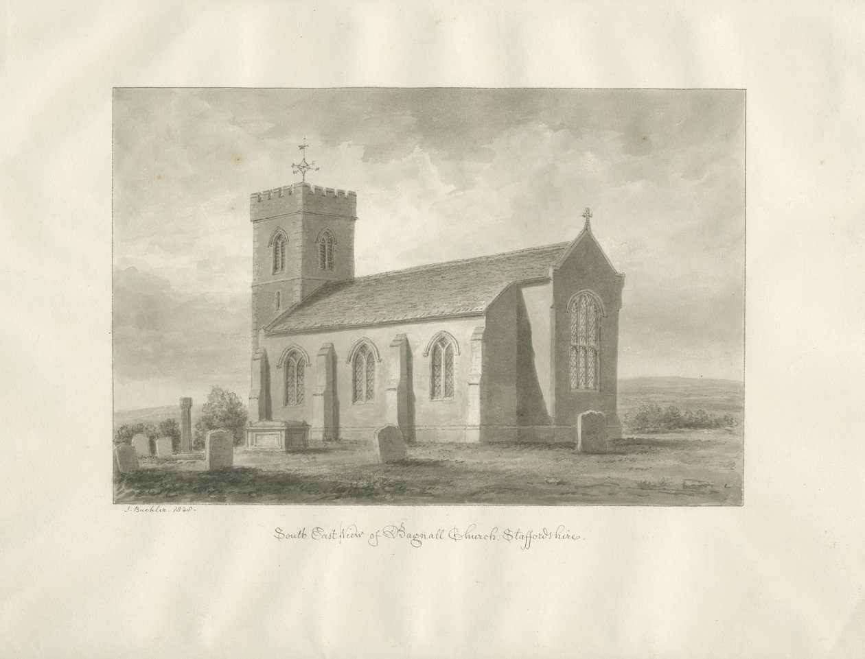 Église de Bagnall : dessin sépia, 1848 - John Buckler