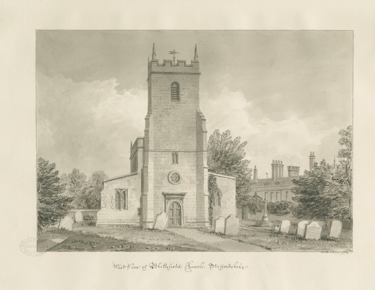 Église de Blithfield : dessin sépia - John Buckler