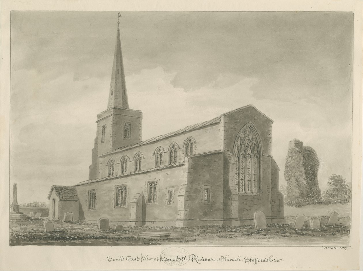Église de Hamstall Ridware : dessin sépia - John Buckler