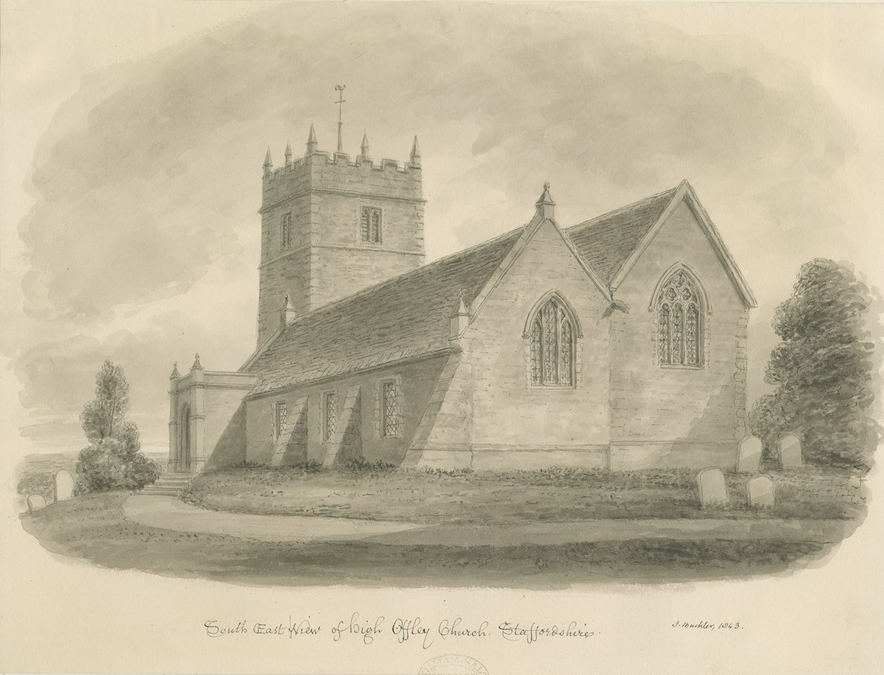 Église de High Offley : dessin sépia - John Buckler