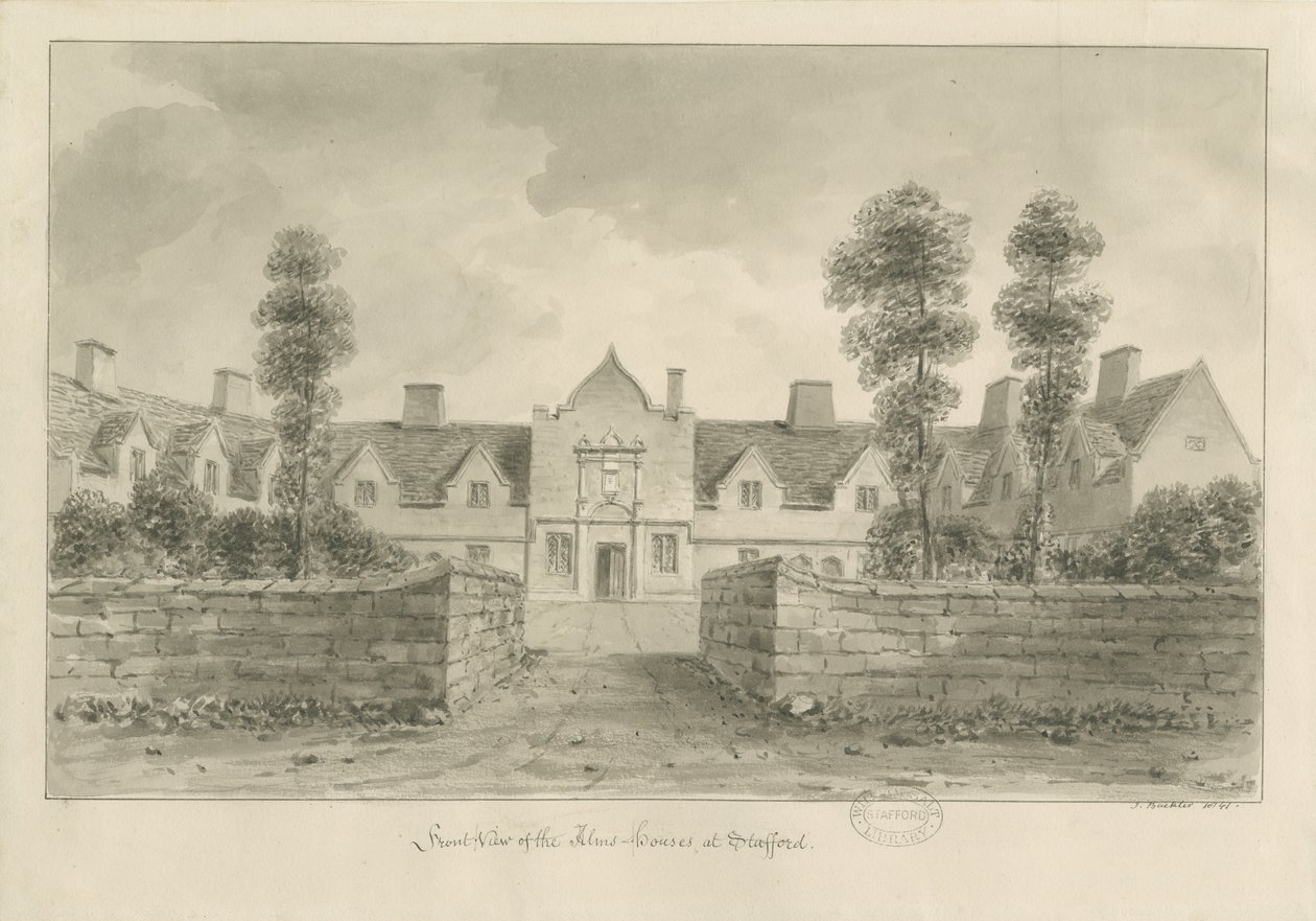 Stafford - Maisons de charité: dessin sépia - John Buckler