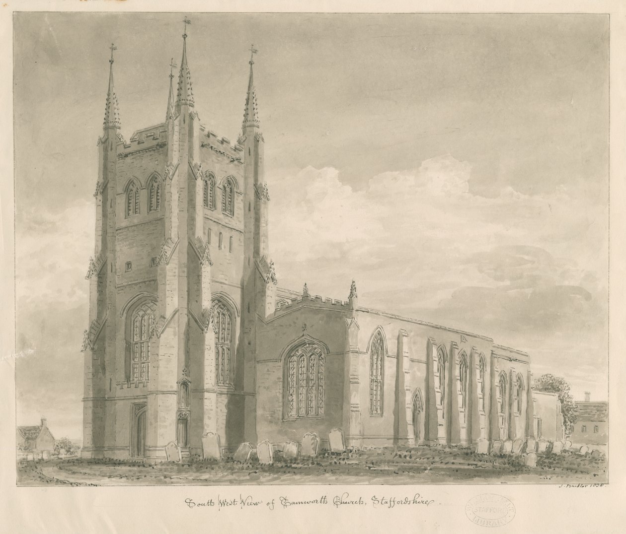Église de Tamworth : dessin sépia - John Buckler