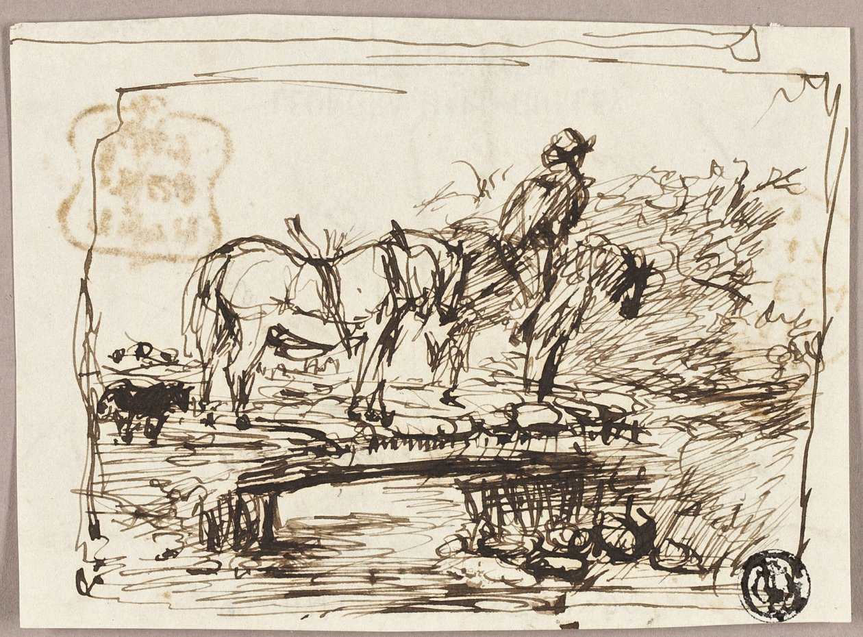 Esquisse de chevaux traversant un pont - John Burnet