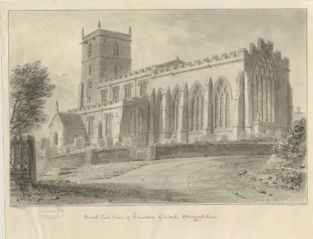 Église de Checkley : dessin sépia - John Chessell Buckler