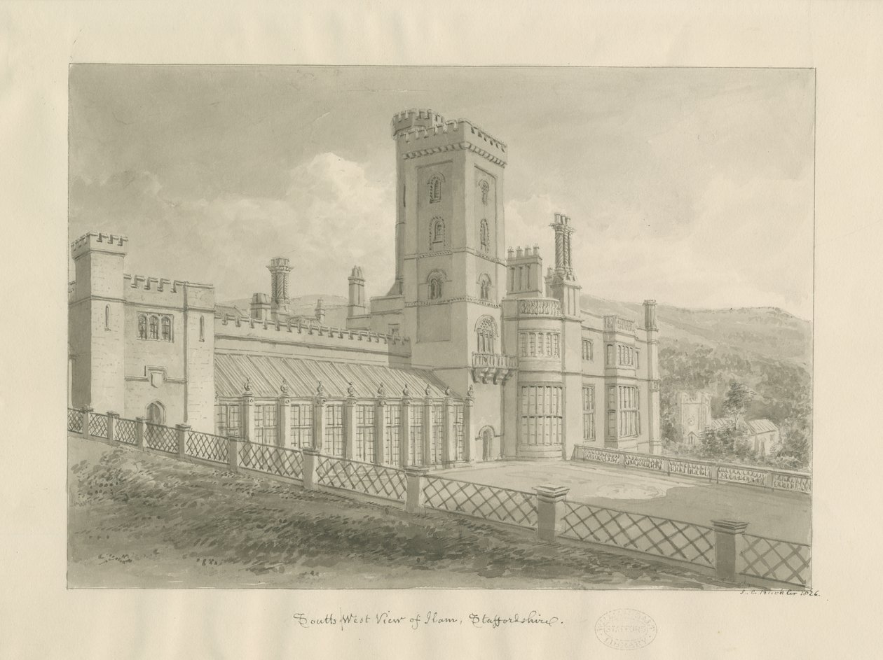 Ilam Hall : dessin sépia - John Chessell Buckler