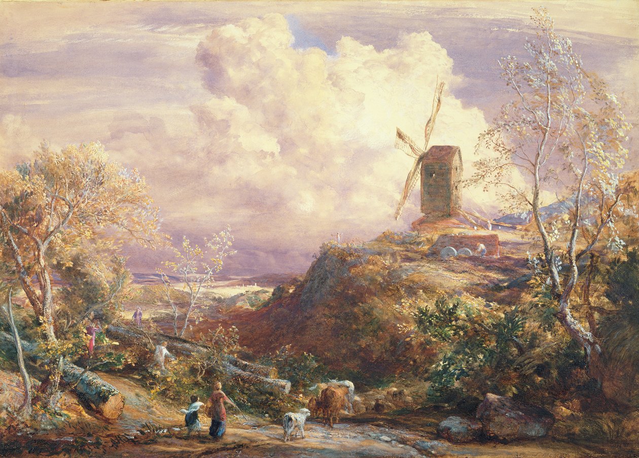 Moulin à vent sur une colline avec des conducteurs de bétail - John Constable