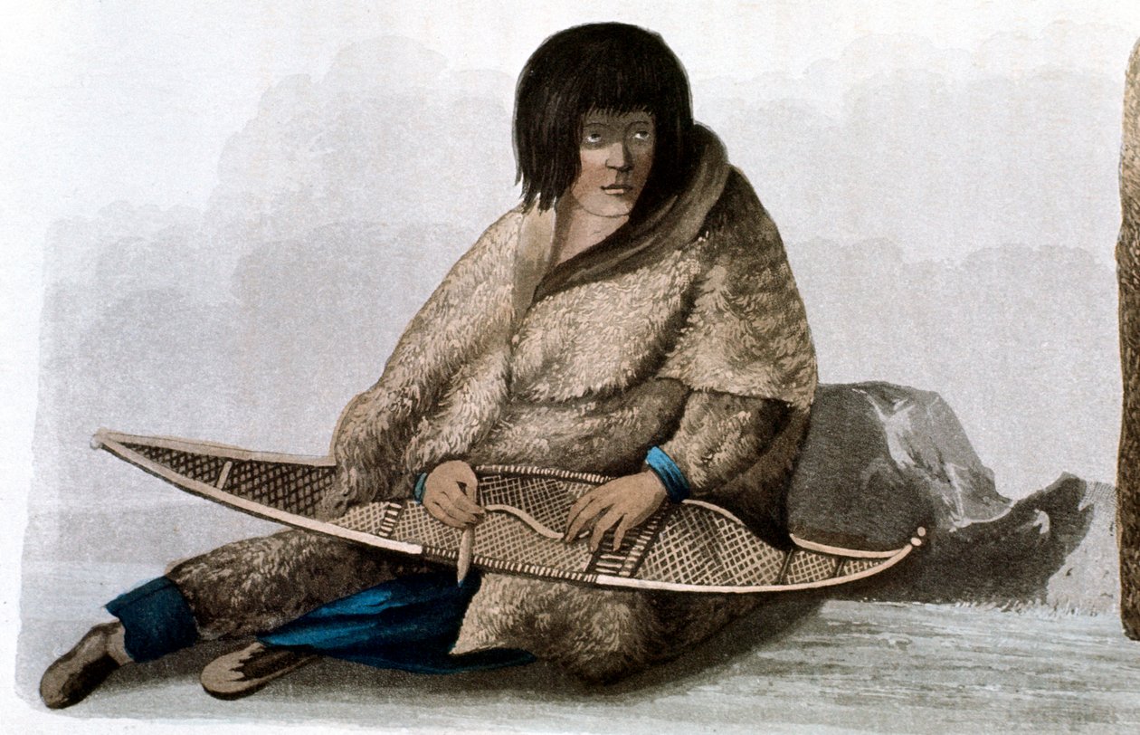 Fille indienne en cuivre réparant une raquette à neige, 1823 - John Franklin