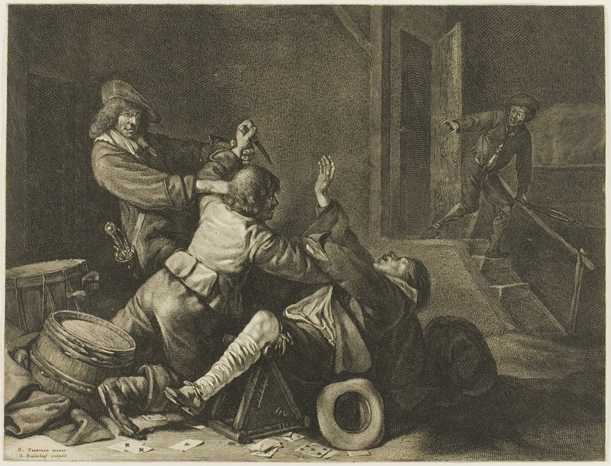 Trois hommes en lutte dans un intérieur - Jonas Suyderhoef
