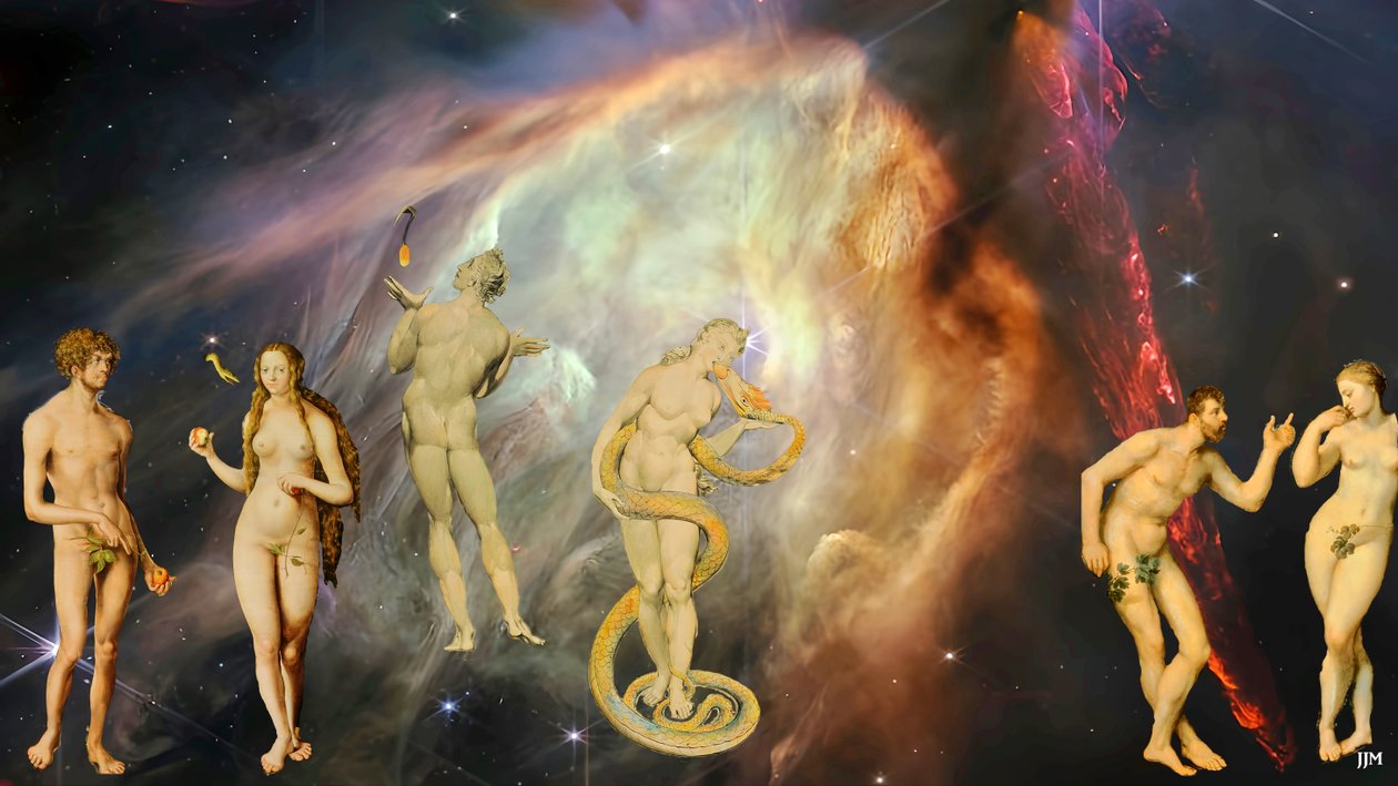 JJM-recreate: Blake-Cranach-Rubens_Die Versuchung+JWST - Josef Johann Michel