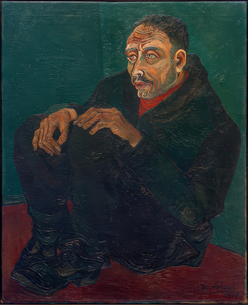 Homme accroupi en costume sombre - Josef Scharl