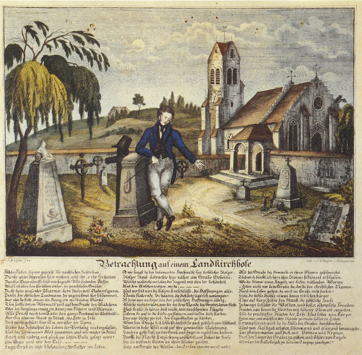 Réflexion dans un cimetière de campagne, image de dévotion avec texte de prière, dessin de Joseph Bayer - Joseph Bayer