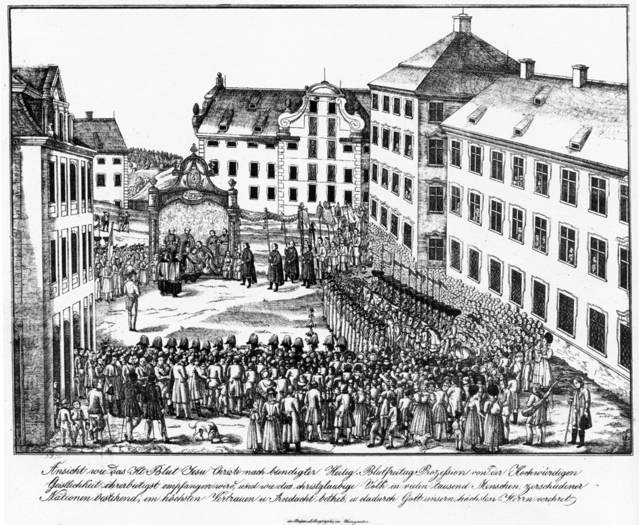 Weingarten, cour du monastère, réception de la relique du Saint-Sang par le clergé après la procession du Saint-Sang, début des années 1840 - Joseph Bayer