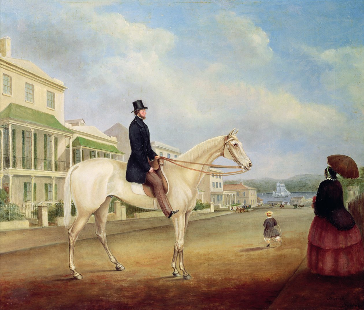 Cavalier sur un cheval blanc, probablement dans Macquarie Street North, vers 1850 - Joseph Fowles