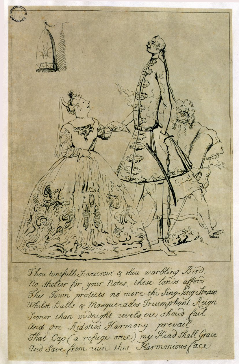 Toi Épouvantail Mélodieux et Toi Oiseau Chantant, caricature de Farinelli, Cuzzoni et Heidegger, dit avoir été gravé d