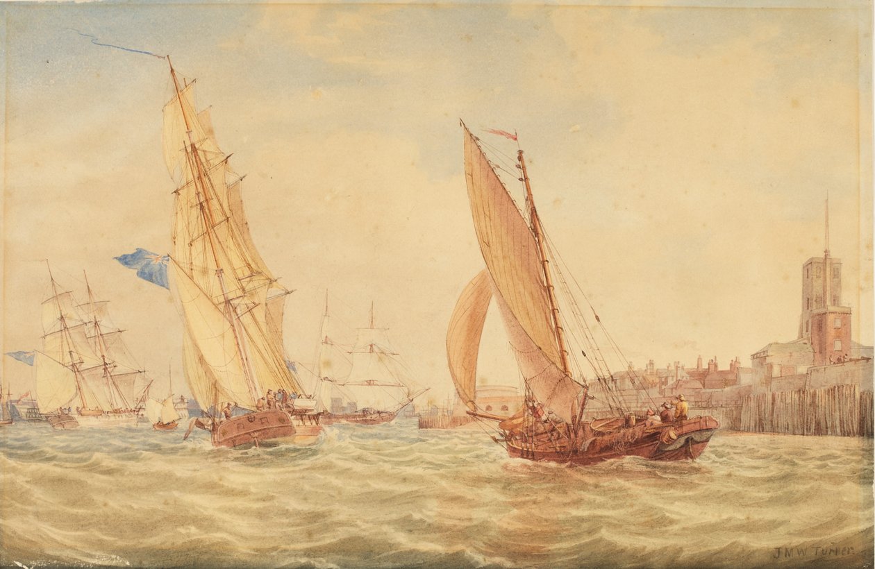 Trois sloops de guerre et un bateau de pêche entrant dans le port, Portsmouth, vers 1800-30 - Joseph Mallord William Turner