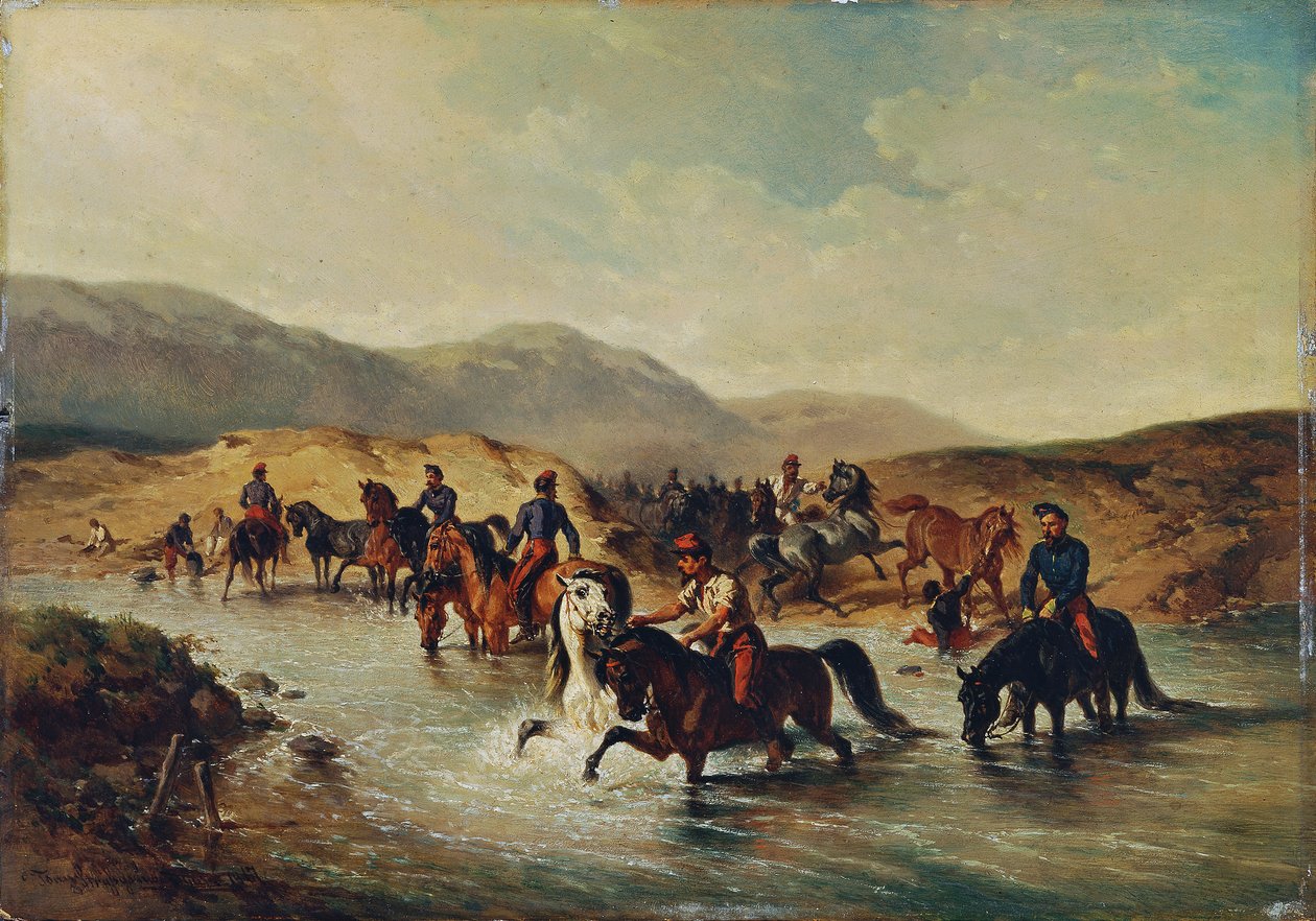 Cavalerie française dans le bain des chevaux - Joseph Anton Strassgschwandtner