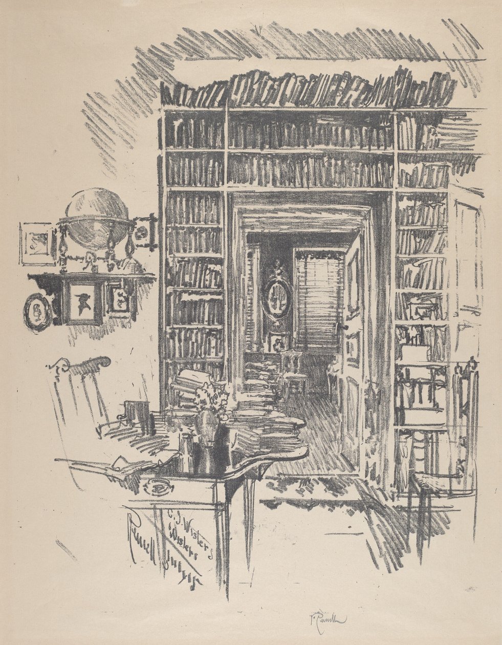 Salle de livres chez Dr. Wister - Joseph Pennell