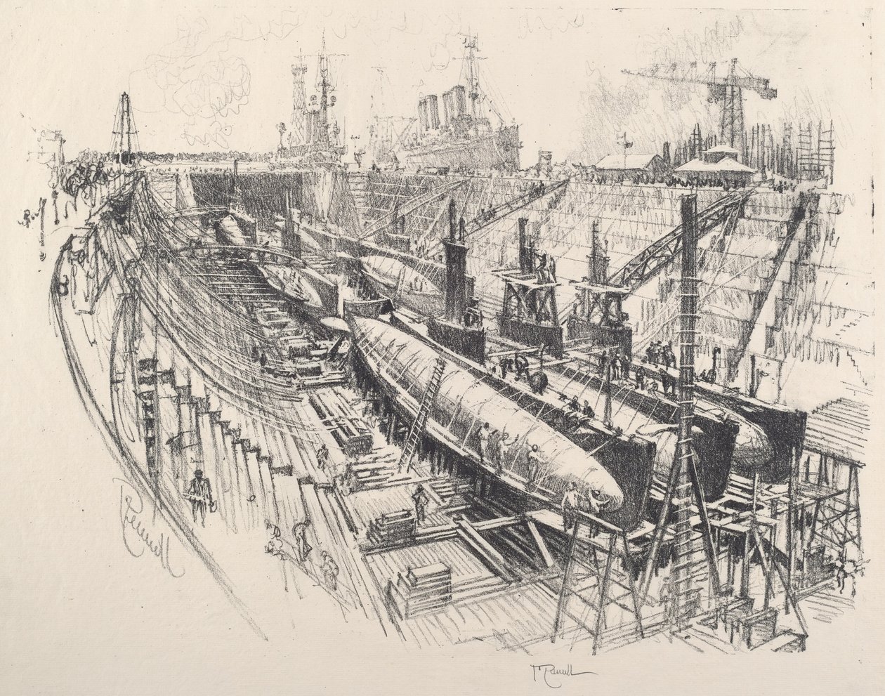 Sous-marins en cale sèche, 1917 - Joseph Pennell