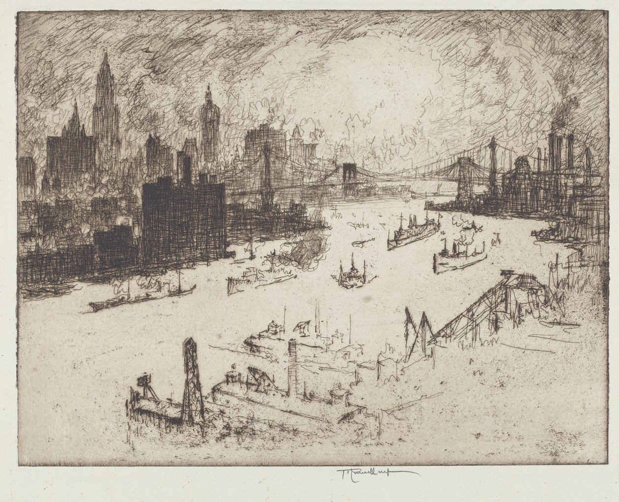 Coucher de soleil, depuis le pont de Williamsburg - Joseph Pennell