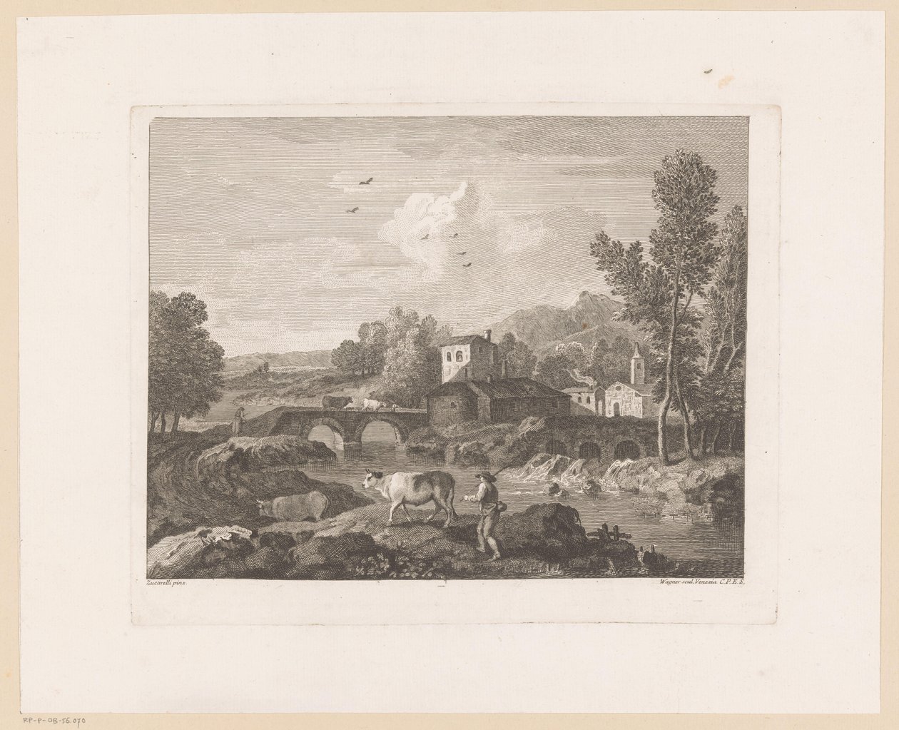 Paysage fluvial avec berger et vaches sur un pont - Joseph Wagner