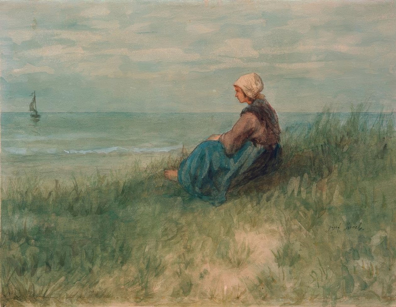 Fille dans les dunes regardant au loin - Jozef Israëls