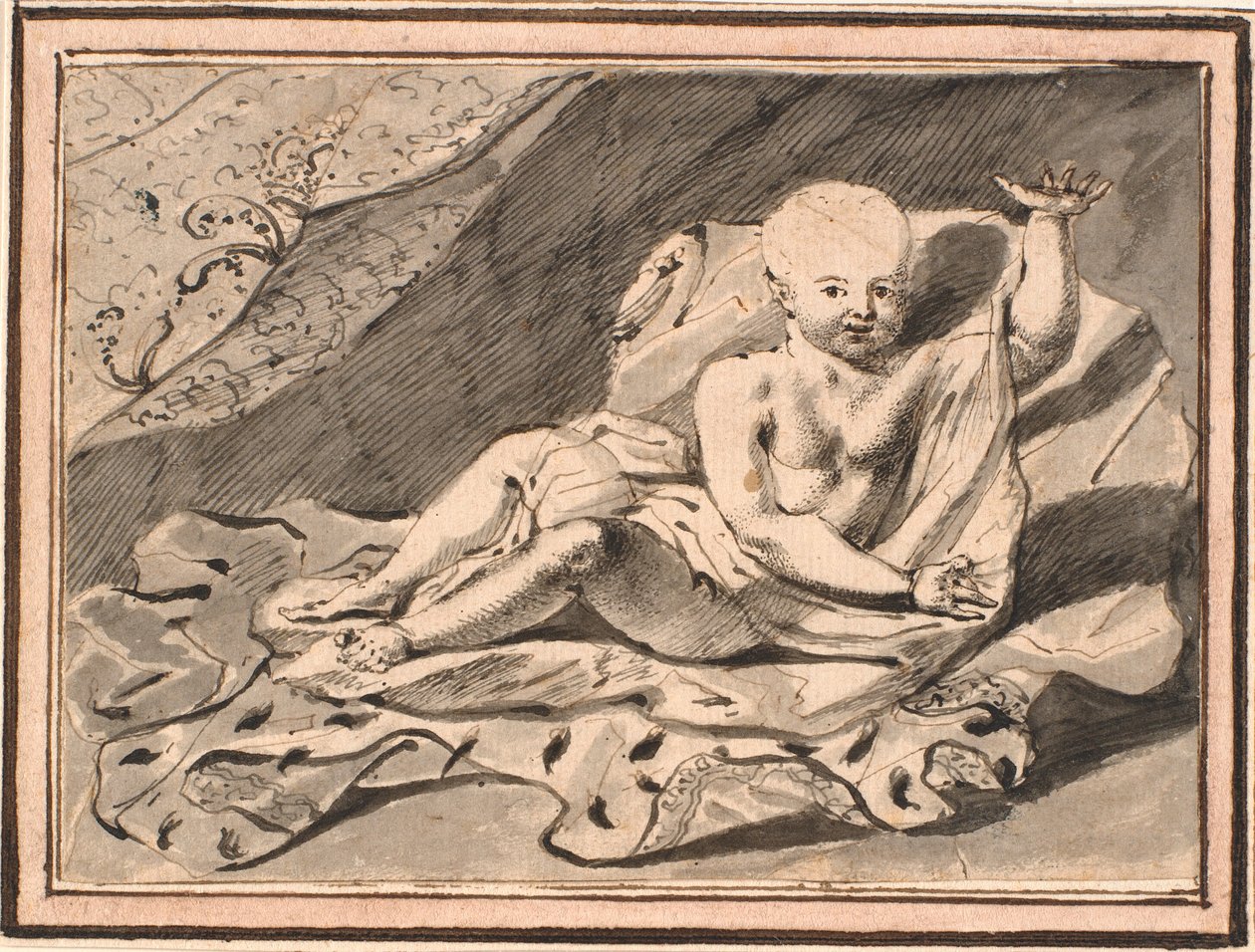Putti, allongé sur une cape d