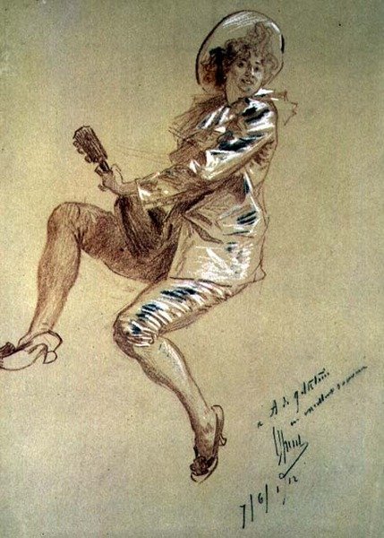 Pierrette assise, jouant de la mandoline - Jules Cheret