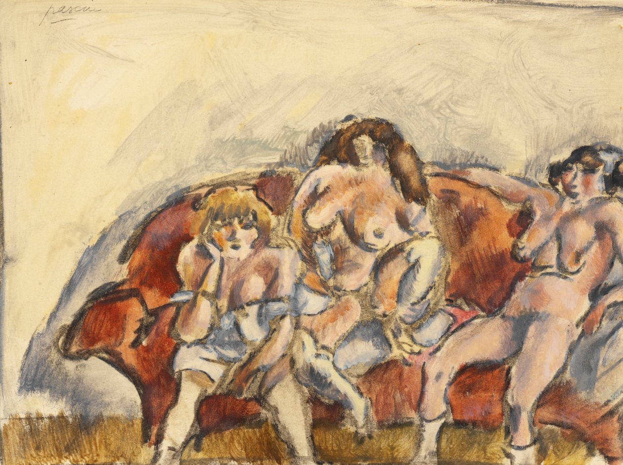 Trois femmes sur un canapé rouge - Jules Pascin