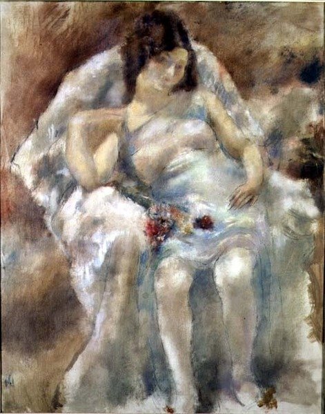 Jeune femme assise avec des fleurs - Jules Pascin