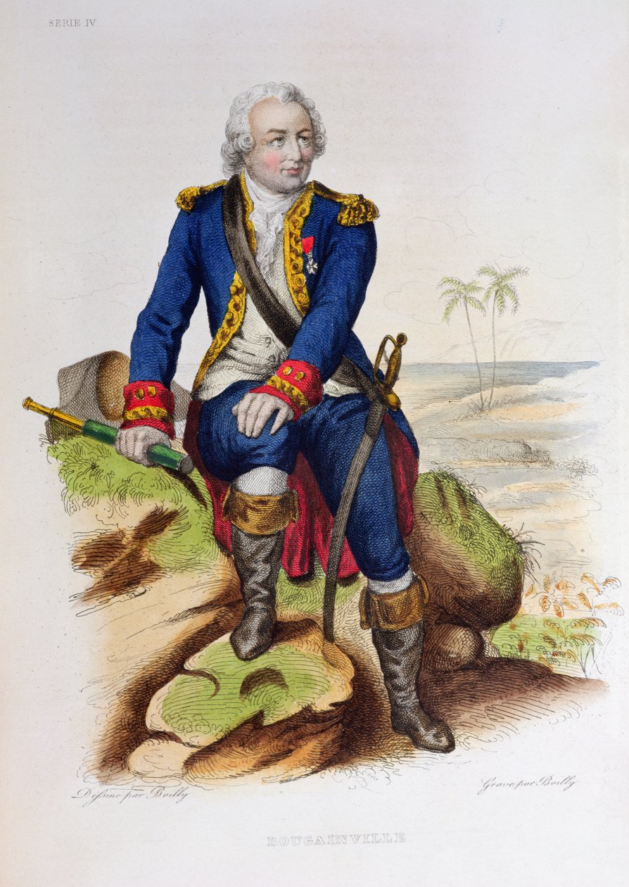 Louis Antoine de Bougainville (1729-1811) assis sur un rocher, illustration de 