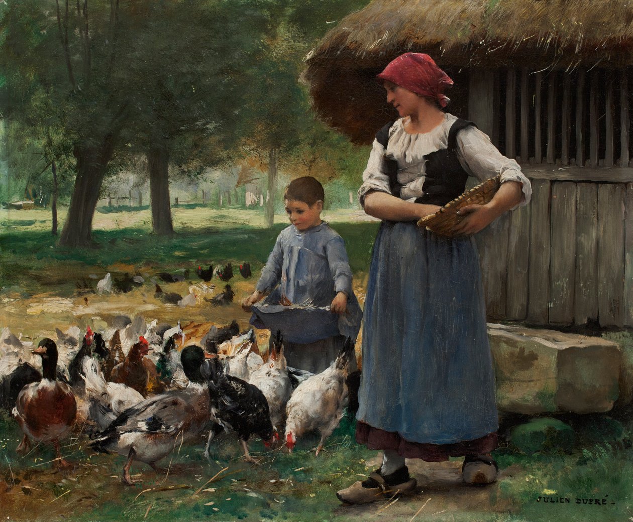 Fille de ferme nourrissant des poules - Julien Dupre