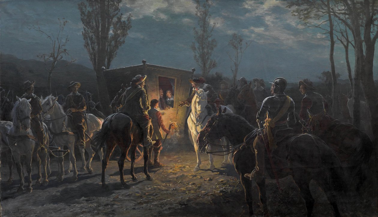 Scène nocturne. Cavaliers arrêtant une voiture noble - Julius von Blaas  