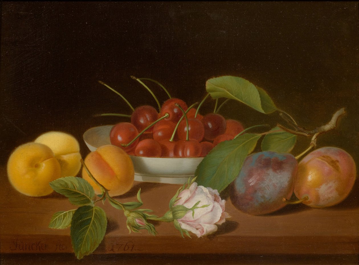 Nature morte avec des cerises et des abricots sur une table - Justus Juncker