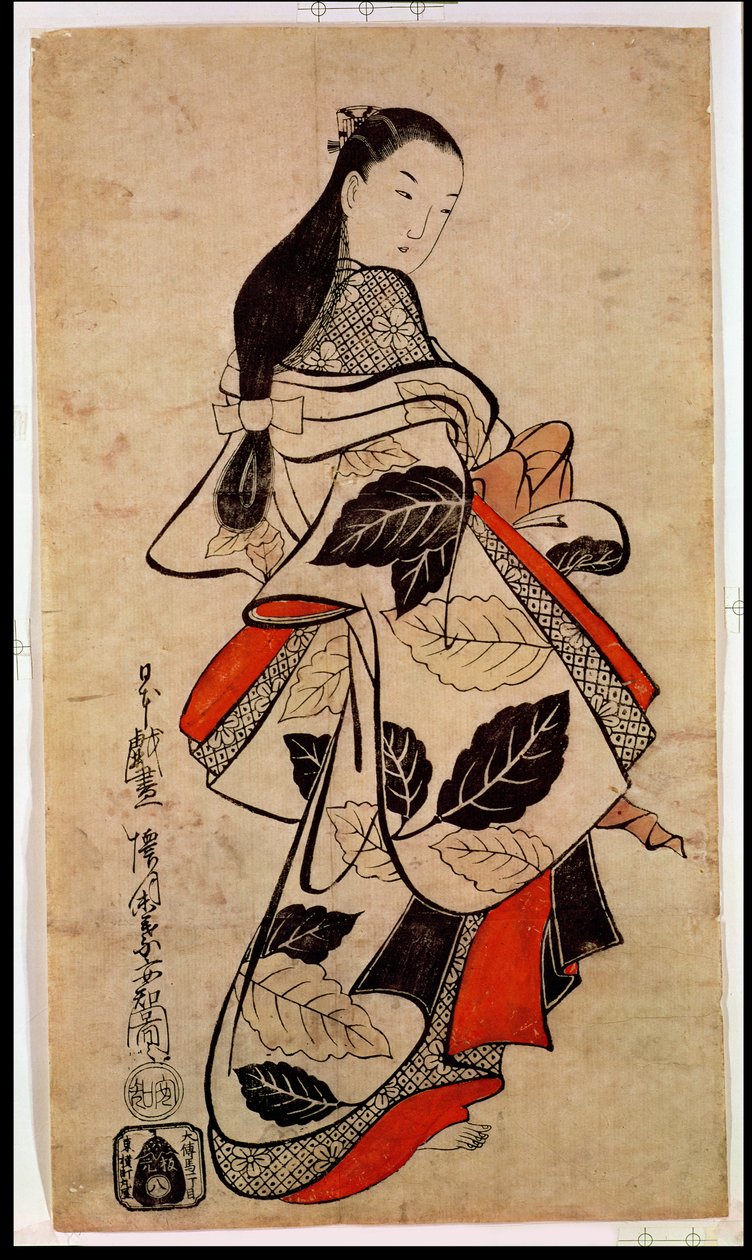 Courtisane debout, pub. 1710, (taille kakemono-e, impression sur bois colorée à la main) - Kaigetsudo Anchi