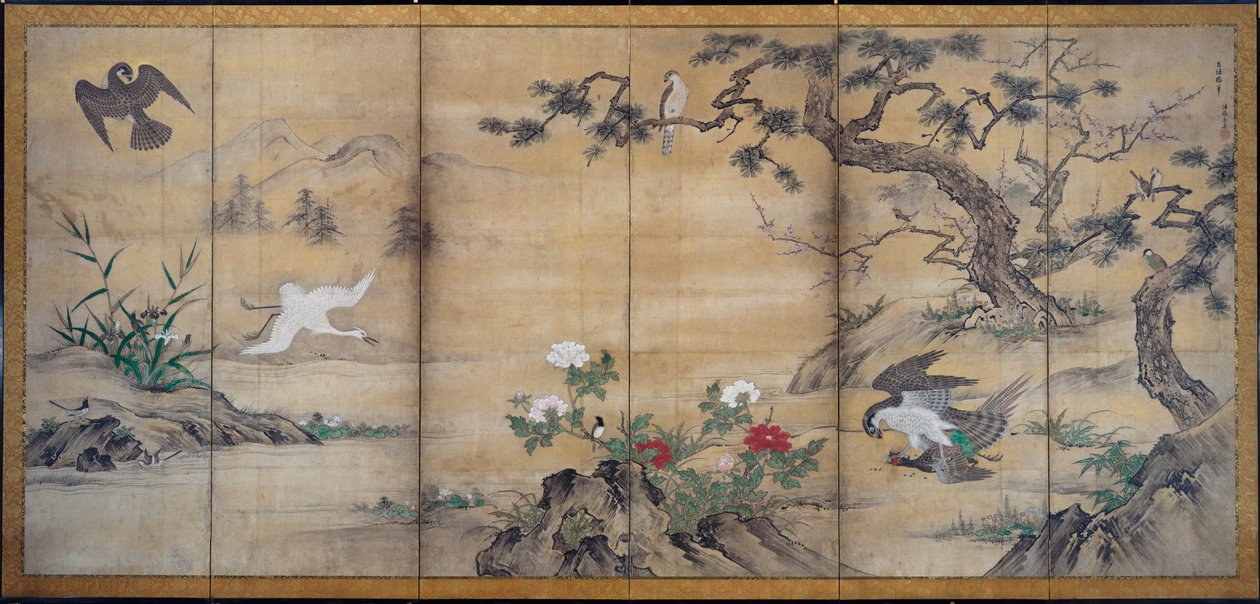 Oiseaux, arbres et fleurs, fin des années 1500 - Kano Mitsunobu