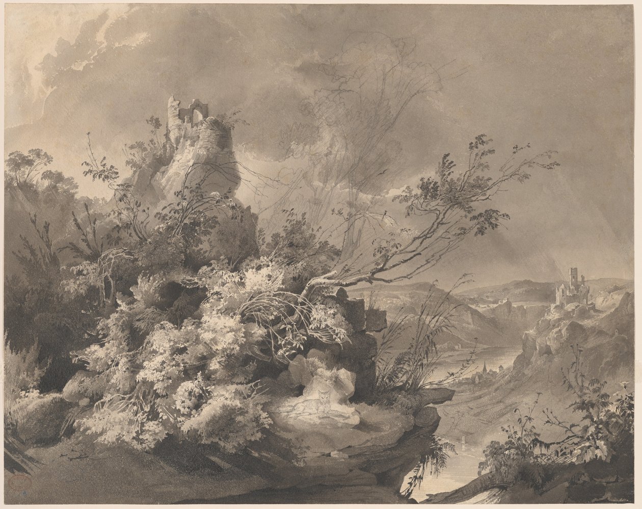 Tours en ruine surplombant le Rhin - Karl Bodmer