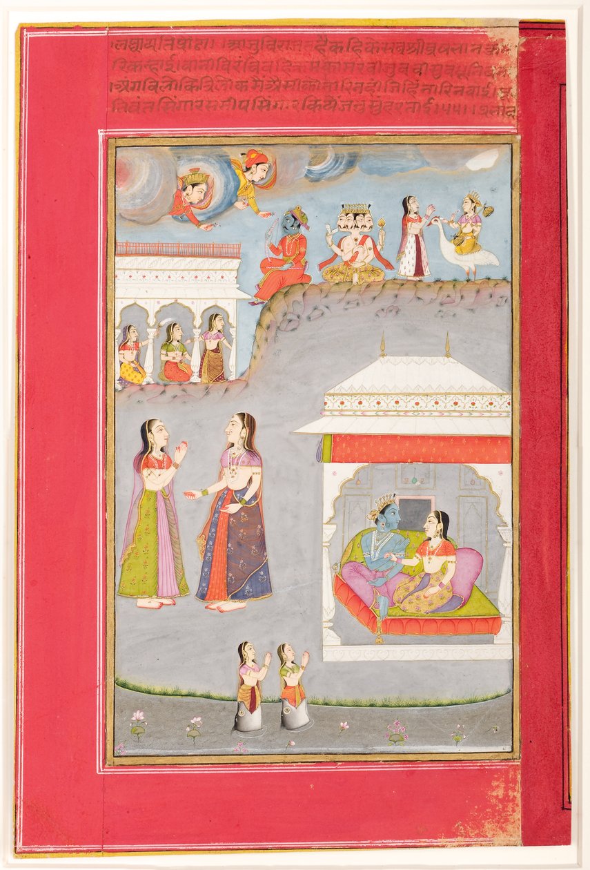 Labdhapraudha Nayika : Amants dans un pavillon, Kama, Brahma et Sarasvati au-dessus, 1750 - Kassam