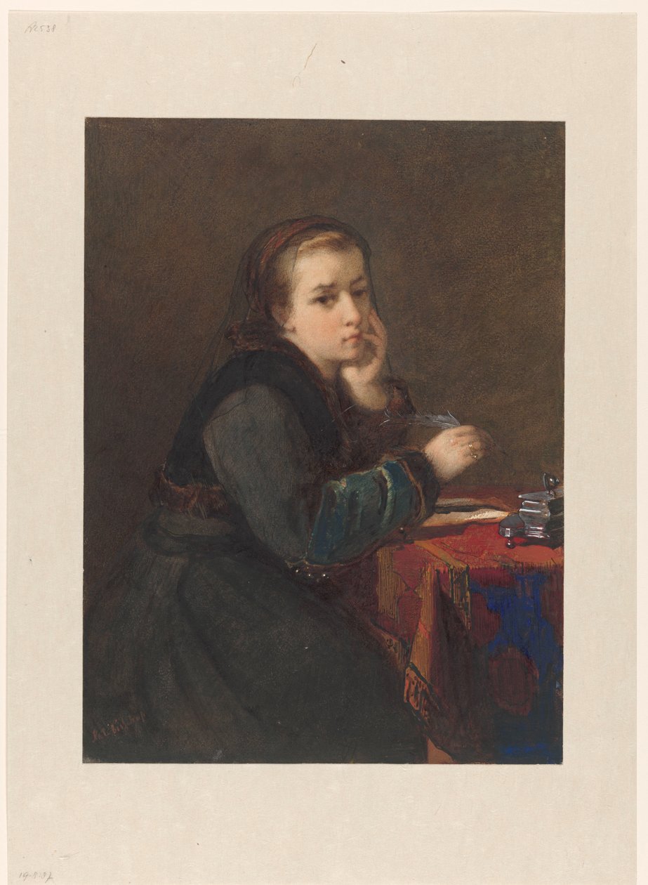 Fille, assise écrivant à une table - Kate Bisschop Swift