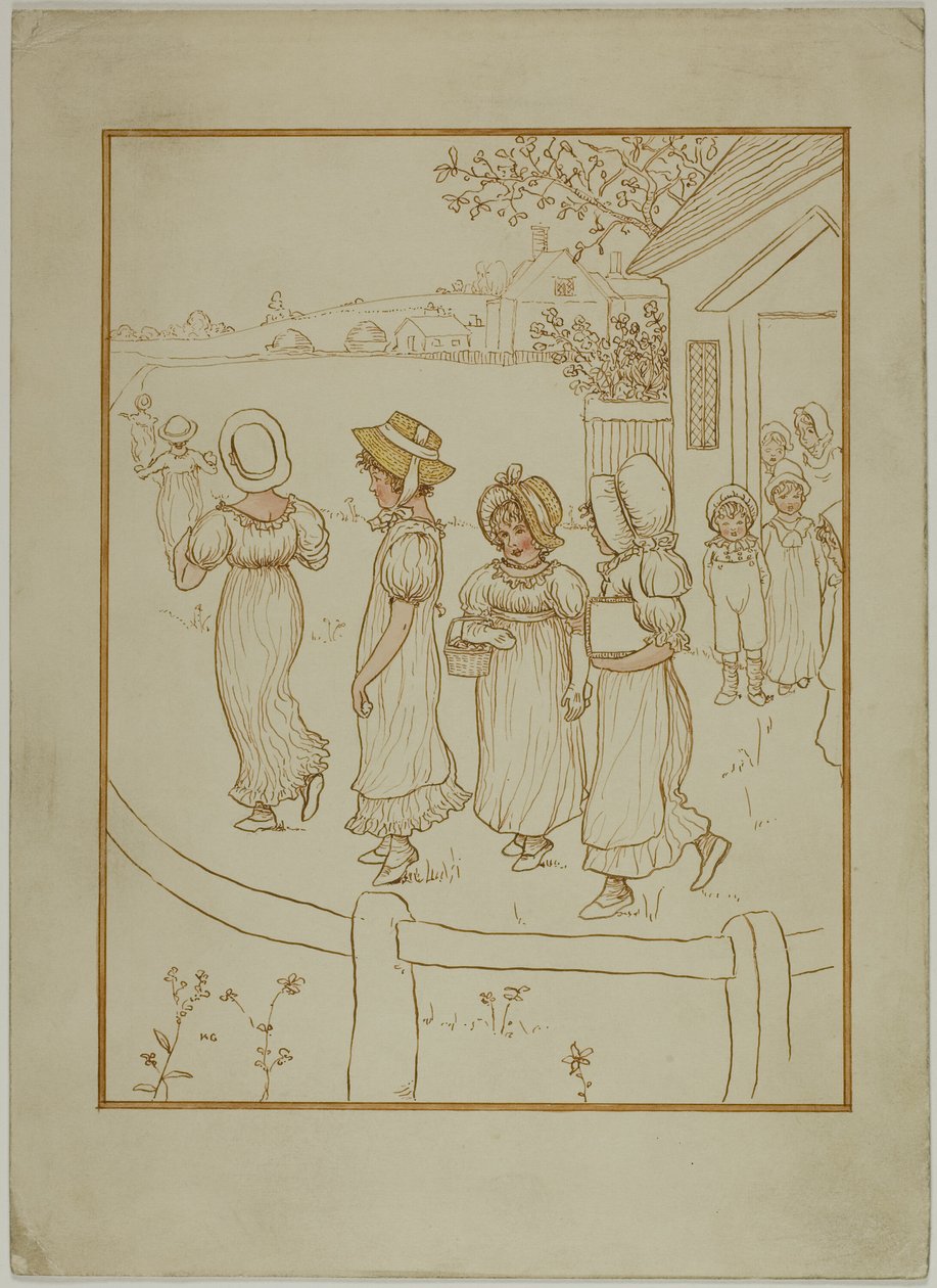 Filles descendant une allée - Kate Greenaway