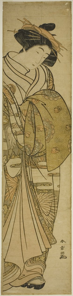 Courtisane portant un kimono à motif de chrysanthème - Katsukawa Shunsho