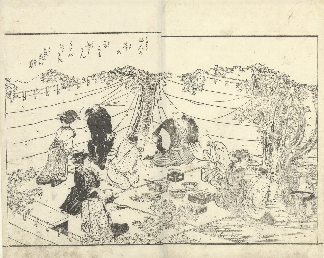 Compagnie sous un cerisier - Katsukawa Shuntei