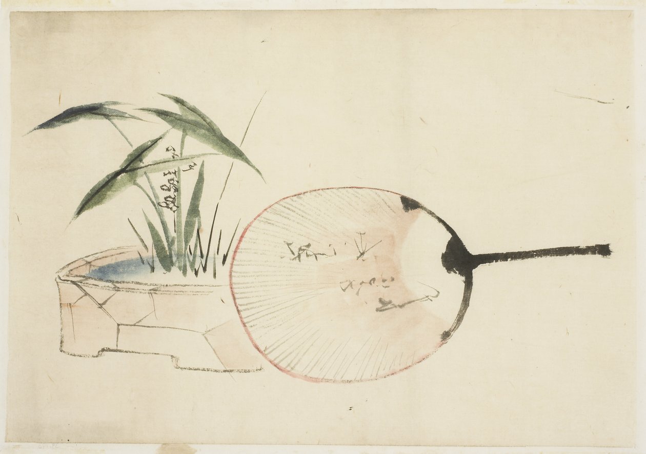 Éventail et arrangement de plantes - Katsushika (school of) Hokusai