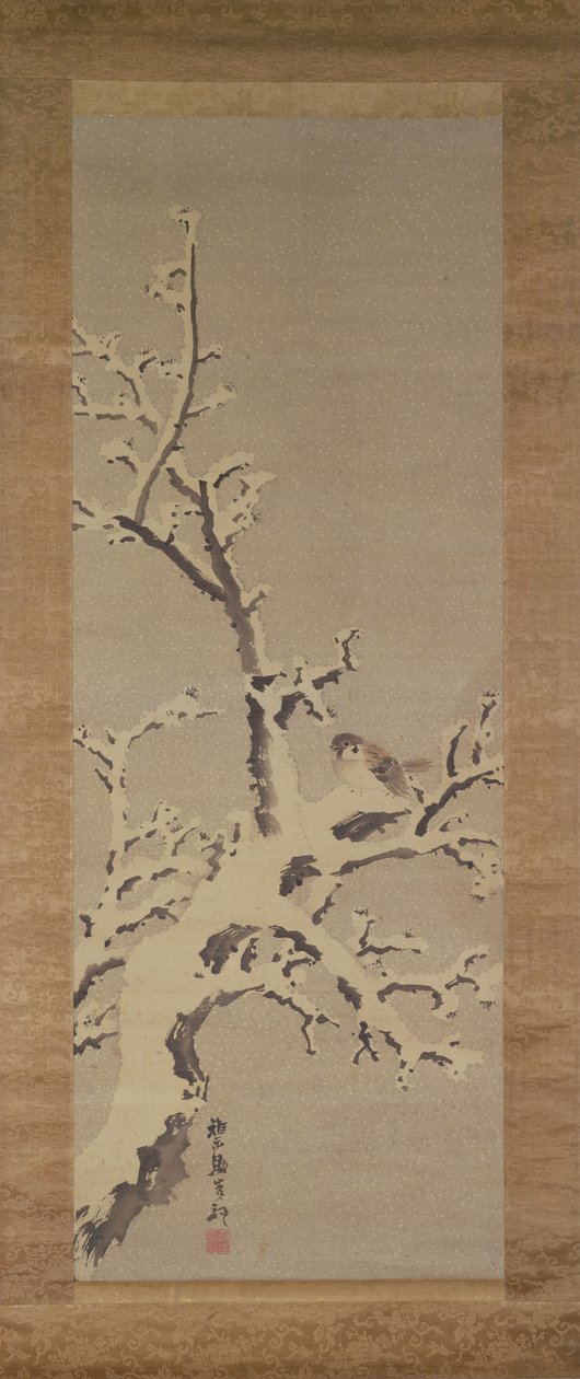 Moineau sur un arbre dans une tempête de neige, c.1800 - Kishi Ganku