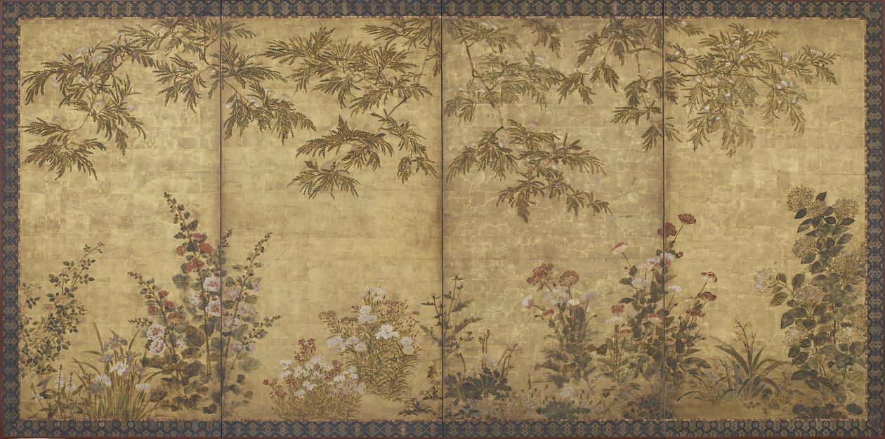 Arbre de mimosa, coquelicots, roses trémières et autres fleurs, période Edo, 1630-70 - Kitagawa Sosetsu