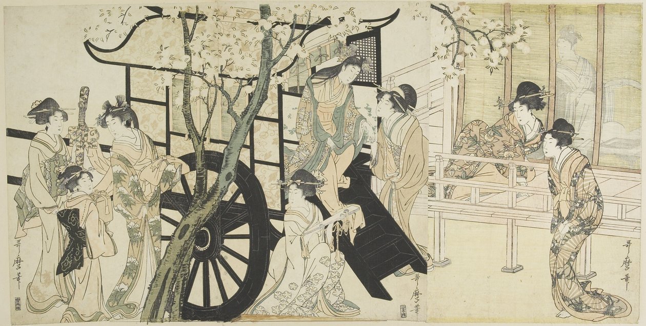 Observation des Fleurs de Cerisier Comparée à une Scène de Carrosse Impérial, c. 1798 - Kitagawa Utamaro