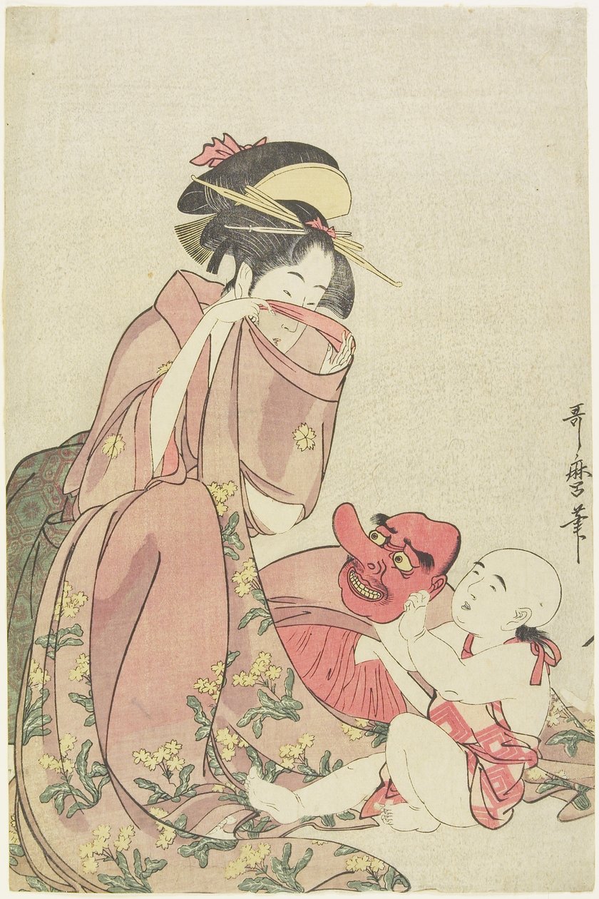 Femme jouant avec un enfant avec un masque de tengu, 1795-1802 - Kitagawa Utamaro
